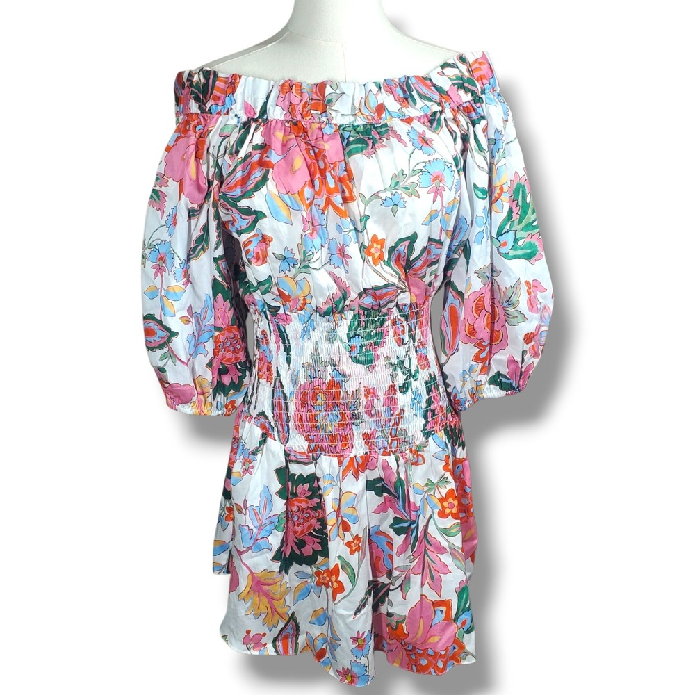 MISA Marta Mini Dress Womens M White Casablanca Floral Smocked Off Shoulder New